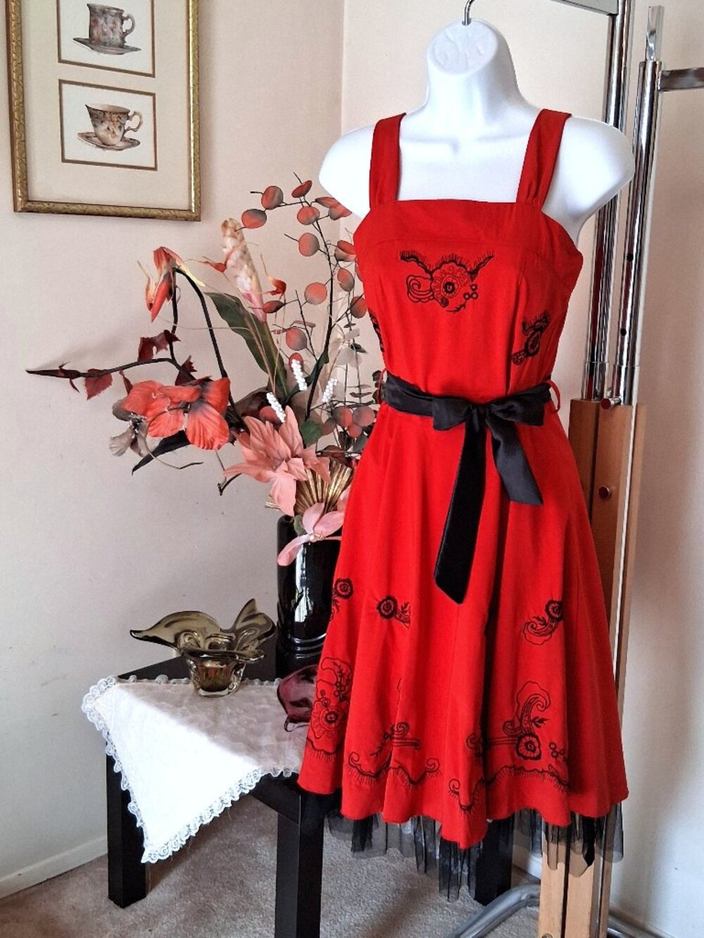 Embroidery Lined Midi Red Summer Dress Cocktail Tiered Party Dresses 2